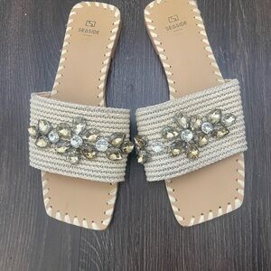 Women's Beige Jeweled Slide Sandals